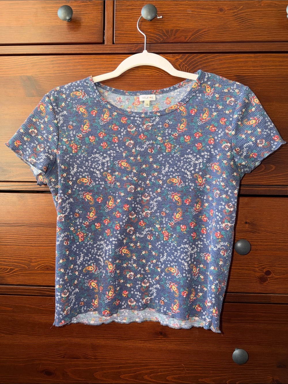 Self ♡ E Waffle Knit Floral Paisley Baby Tee Lettuce Hem Blue